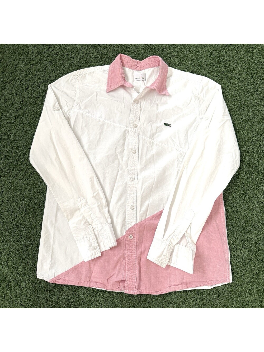 Lacoste Men Size 41 White Pink Colorblock Button Up Shirt Roll-Tab Cotton Preppy
